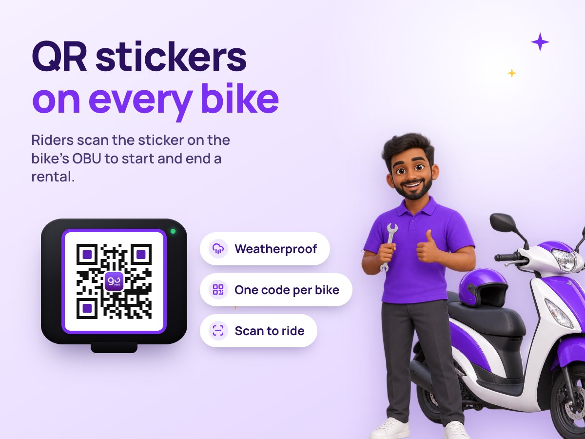 QR stickers on every bike: a mechanic beside a scooter, and a GoRent QR sticker on an OBU