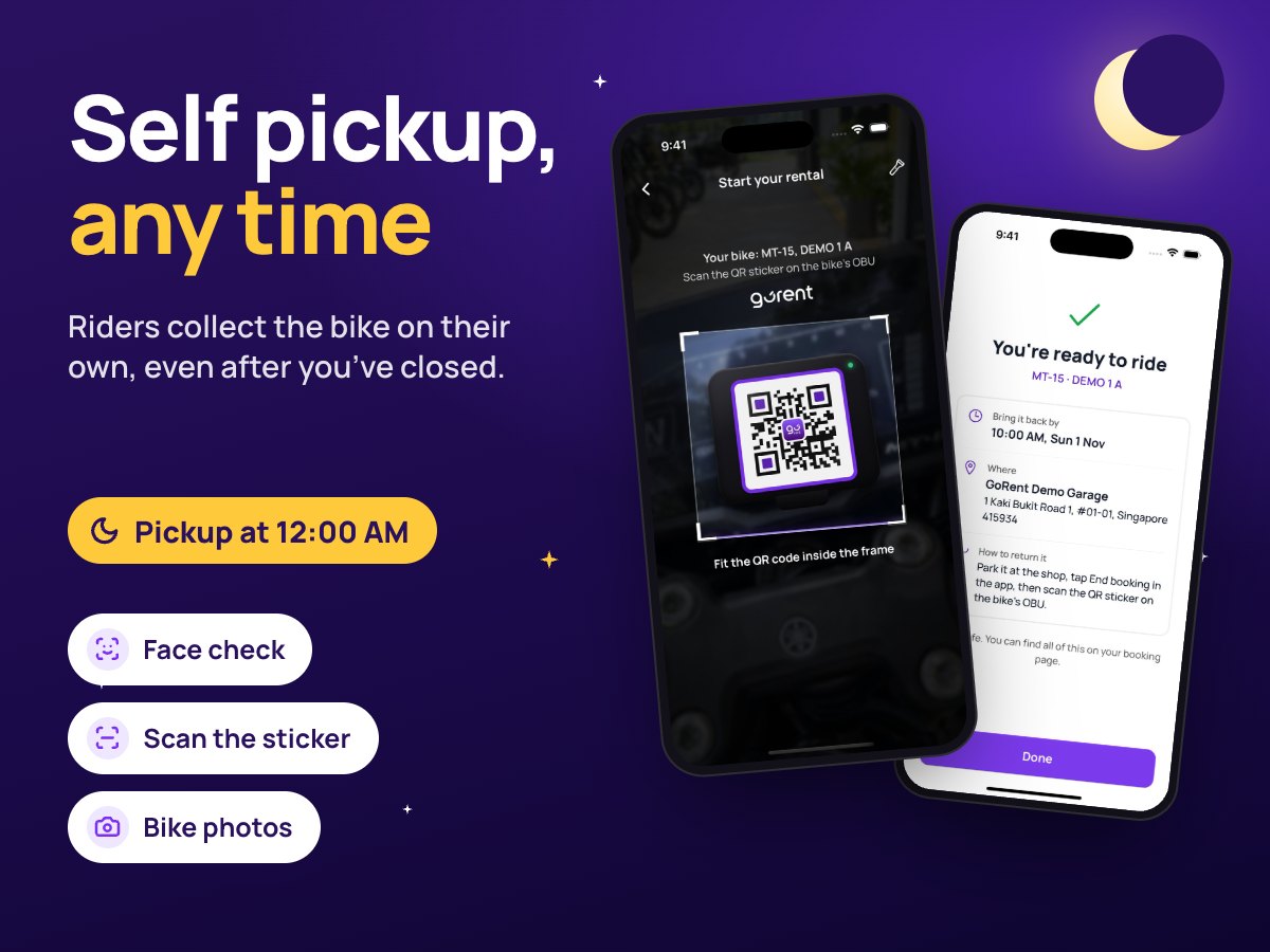 Self pickup, any time: the rider’s scanner on a bike’s QR sticker at midnight