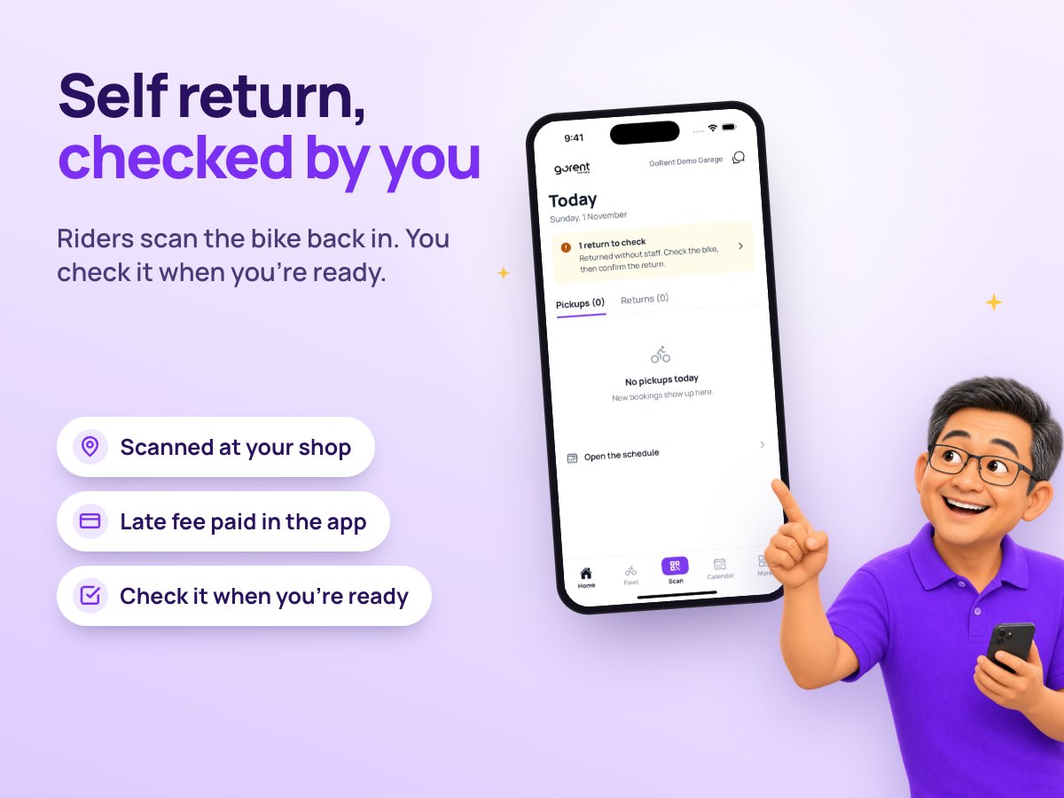 Self return, checked by you: the shop owner pointing at a return to check in GoRent Partner