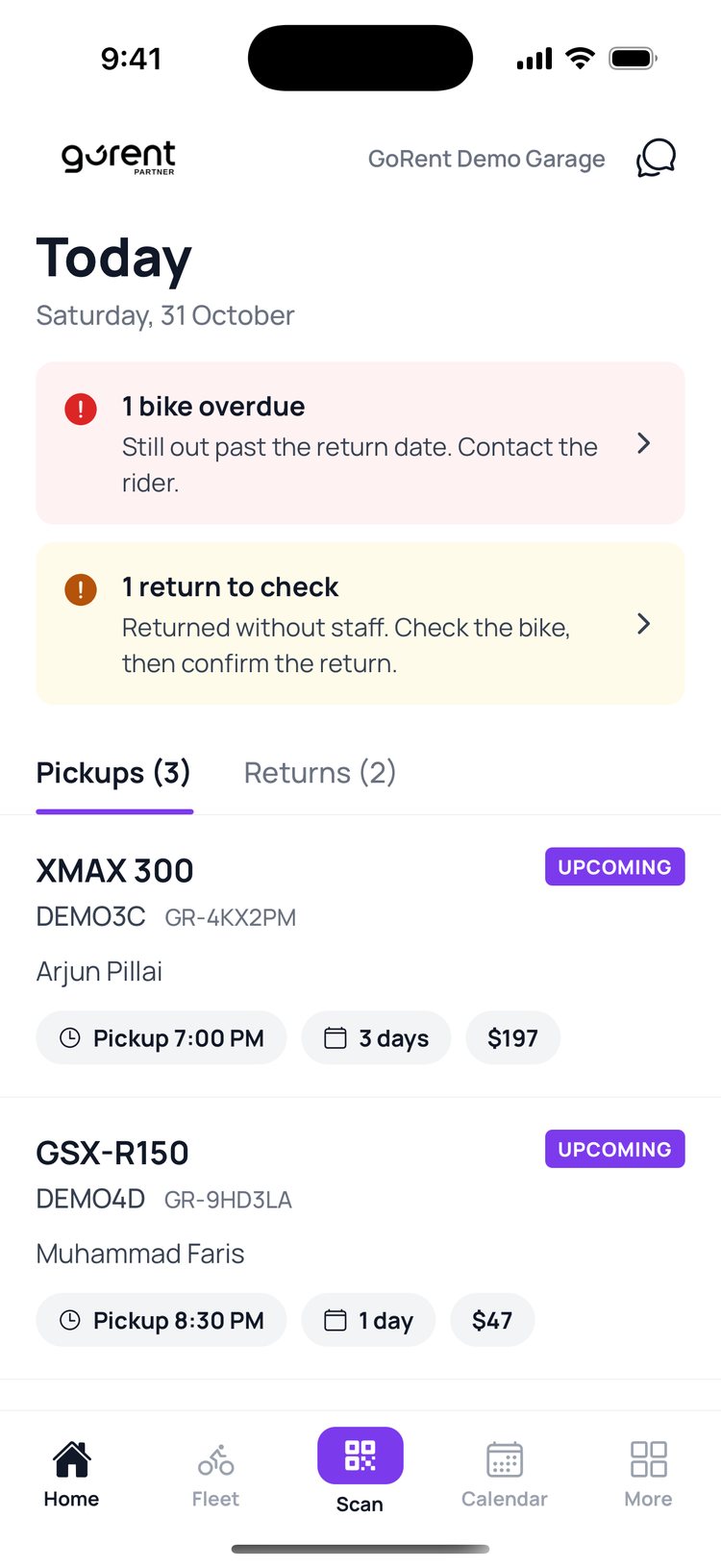 Step 3: ‘Home’ shows today’s pickups and returns. Tap a booking to open it.