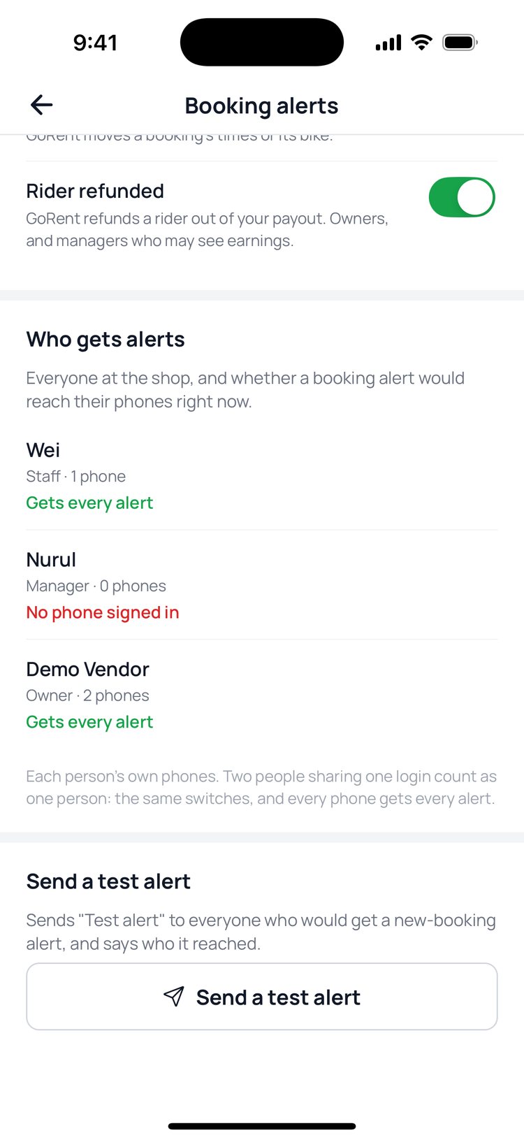 Step 4: ‘Who gets alerts’ shows each person, their phones, and whether alerts reach them.