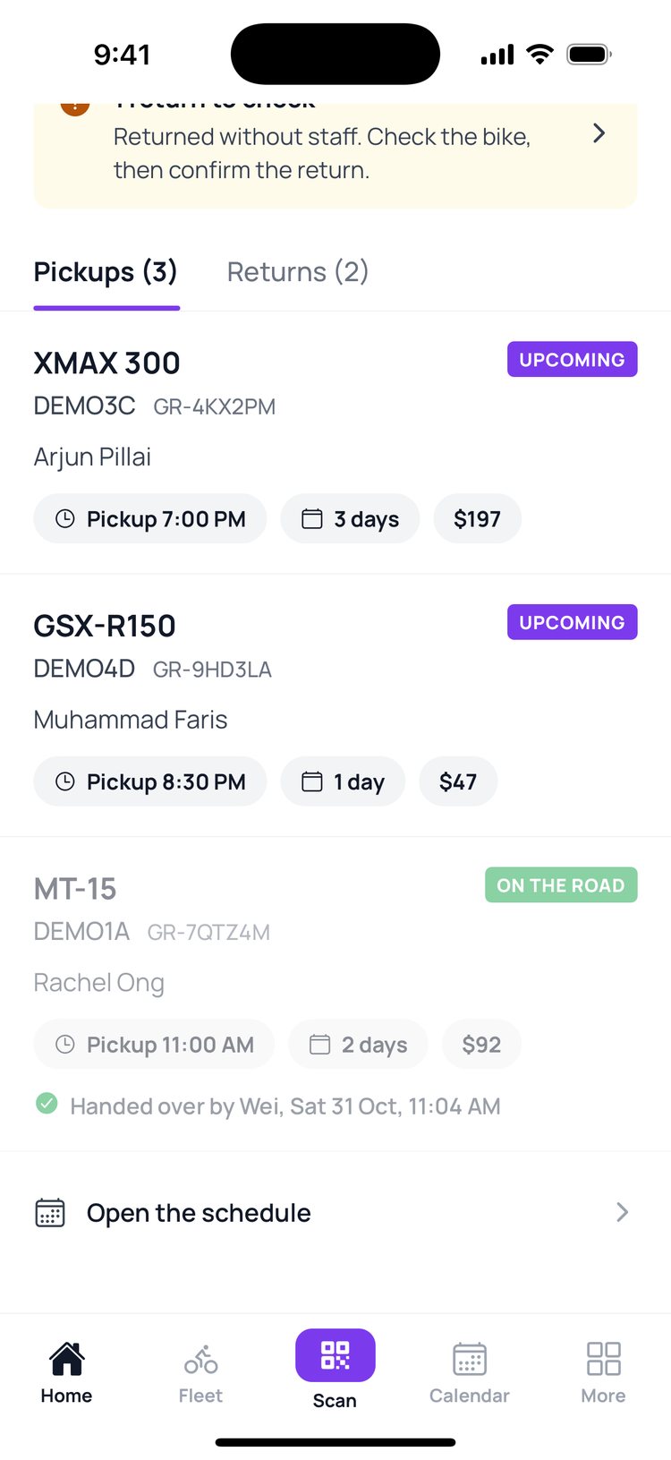 Step 1: On ‘Home’, tap any booking to open it.