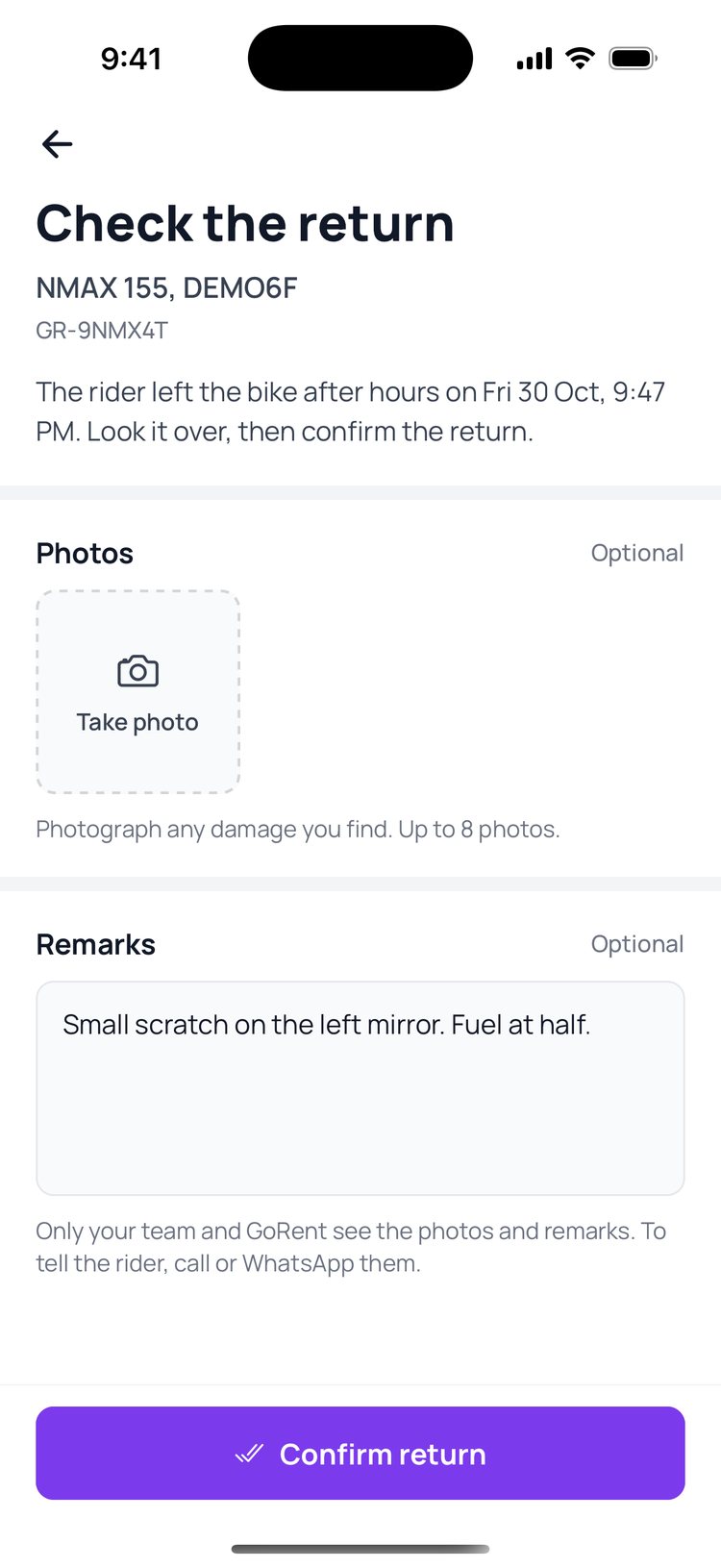 Step 4: Add photos of any damage and a note if you like, then tap ‘Confirm return’.