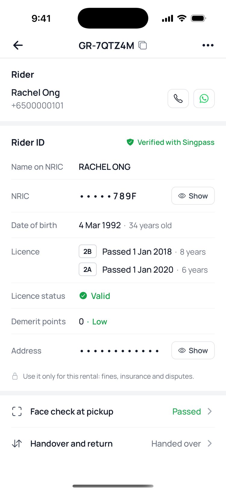 Step 4: ‘Rider ID’ shows their name, licence and demerit points. Tap ‘Show’ to see the full NRIC.