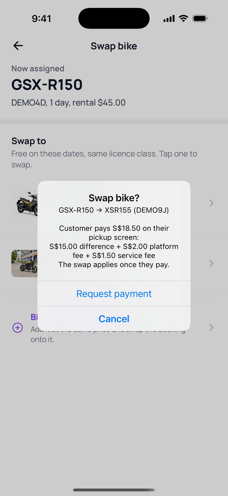 Step 1: Tap ‘Request payment’. The rider pays the difference on their pickup screen, and the swap happens once they pay.