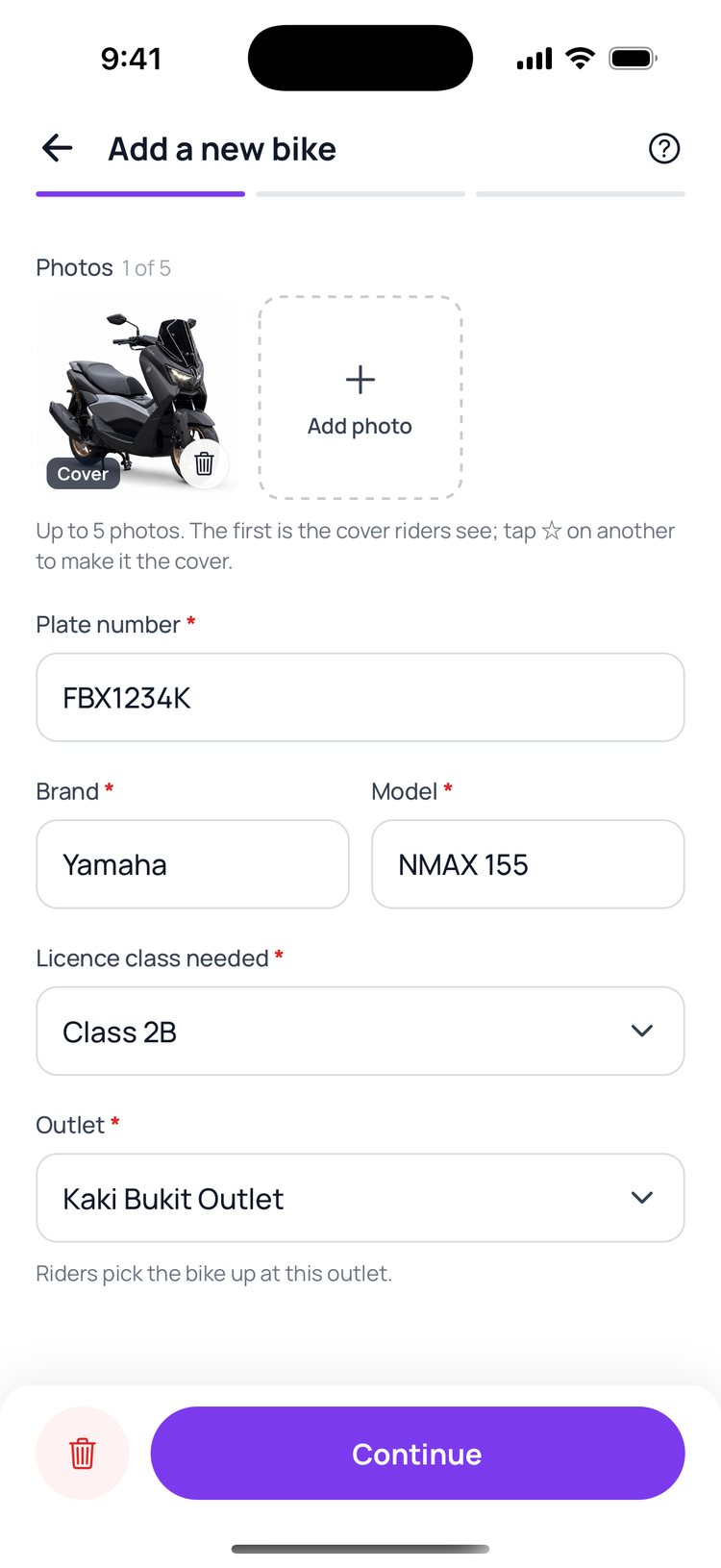 Step 3: Add photos, the plate, brand, model and licence class, then tap ‘Continue’.