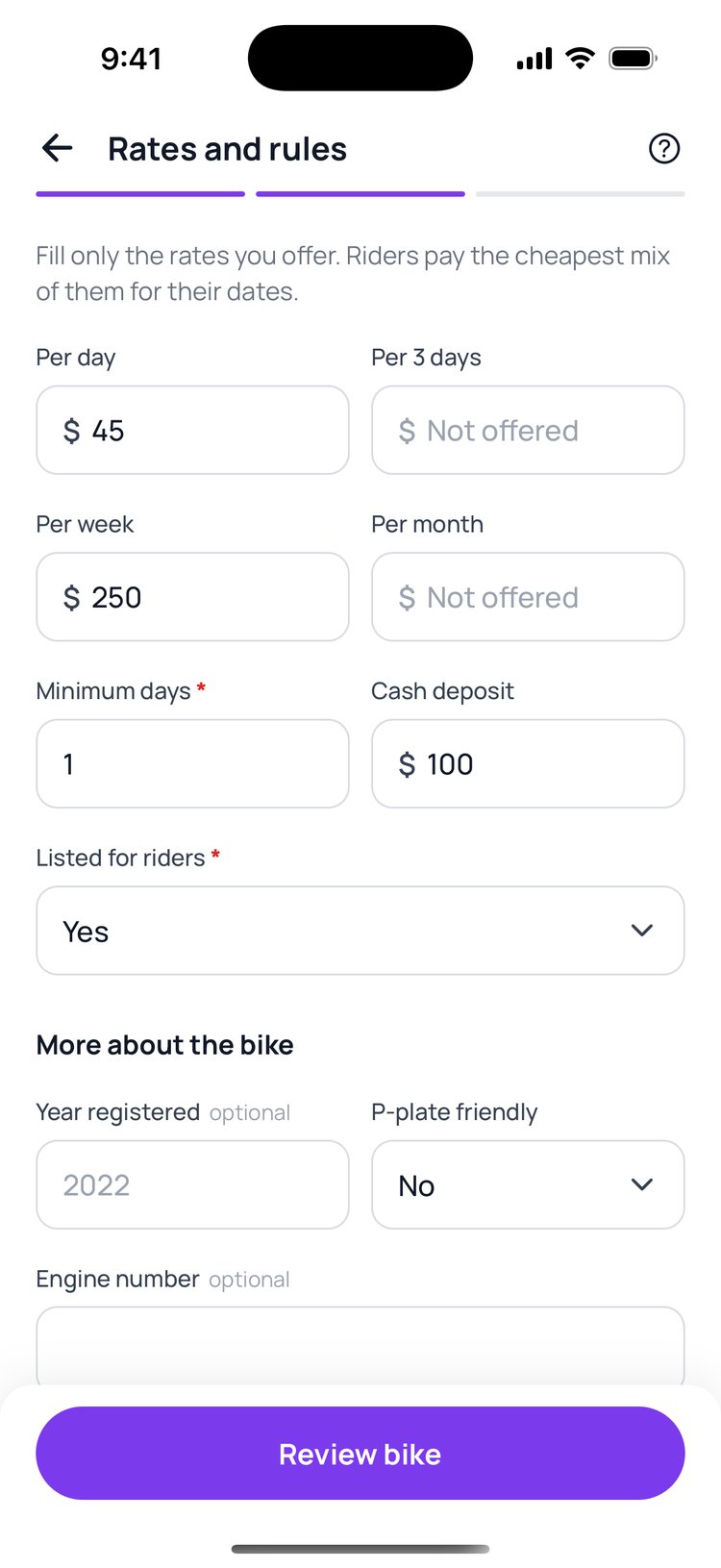 Step 4: Fill in only the rates you offer, then tap ‘Review bike’.