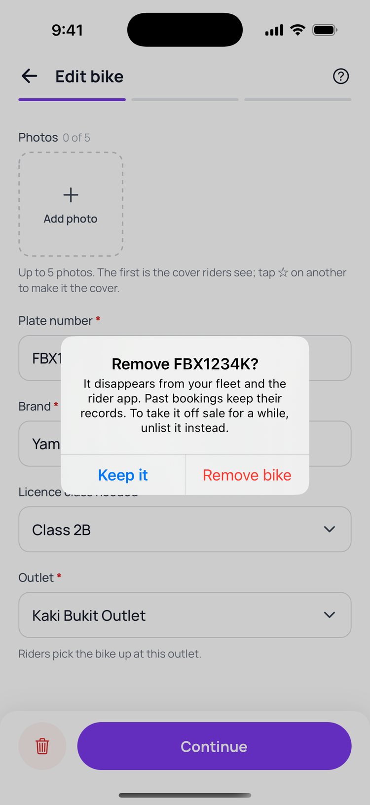 Step 2: Tap ‘Remove bike’ to confirm.
