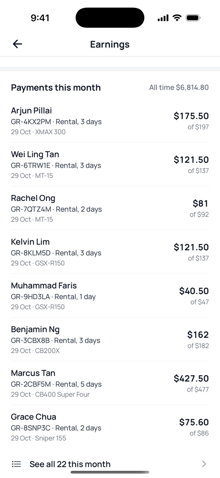 Step 6: Each payment shows what you got from it, and what the rider paid in total.