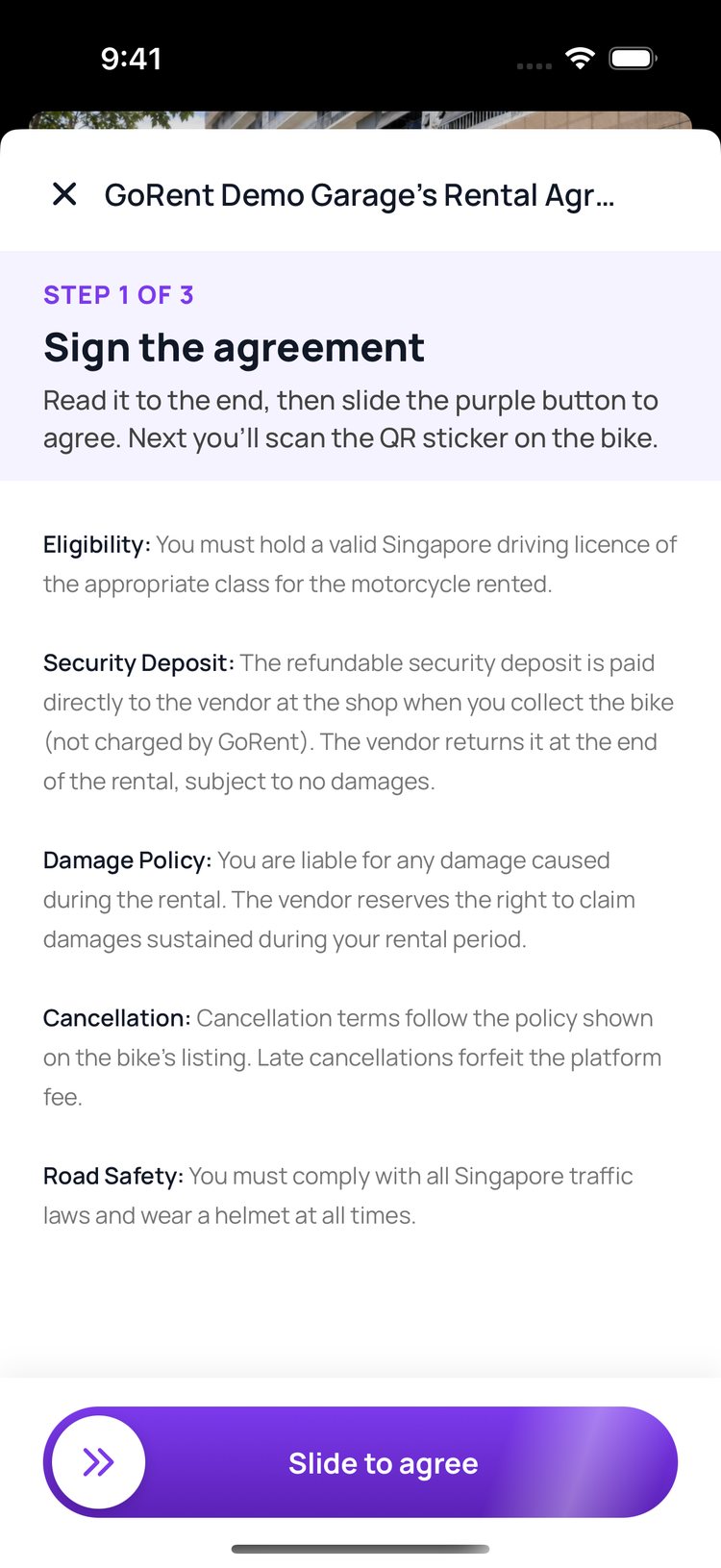 Step 2: They read your rental agreement and slide to agree.