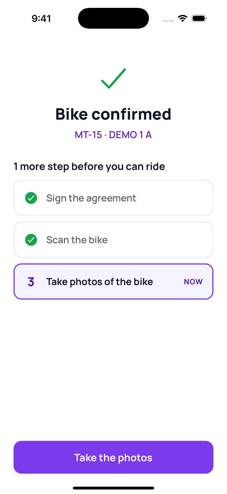 Step 6: The app checks it’s the bike they booked, then asks for photos.