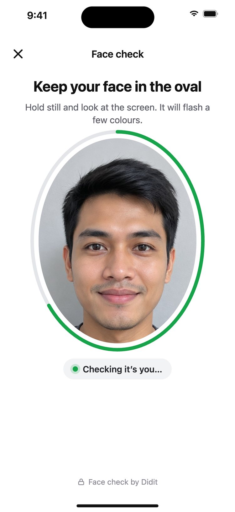 Step 3: They pass a quick face check by Didit: a live selfie matched to the face saved on their account.