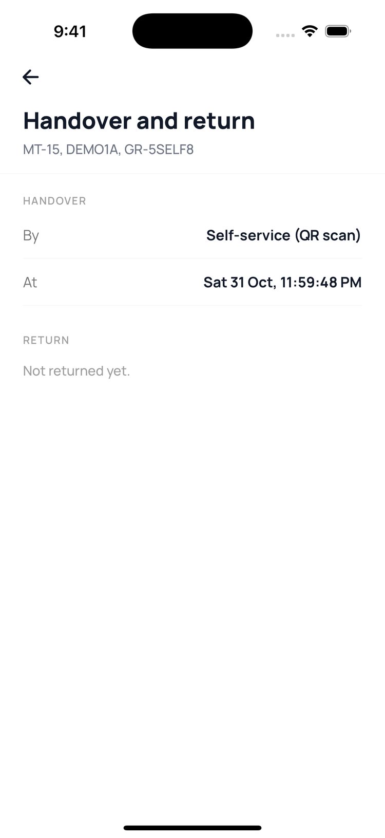Step 3: On the booking, ‘Handover and return’ shows a self-service pickup, to the second.
