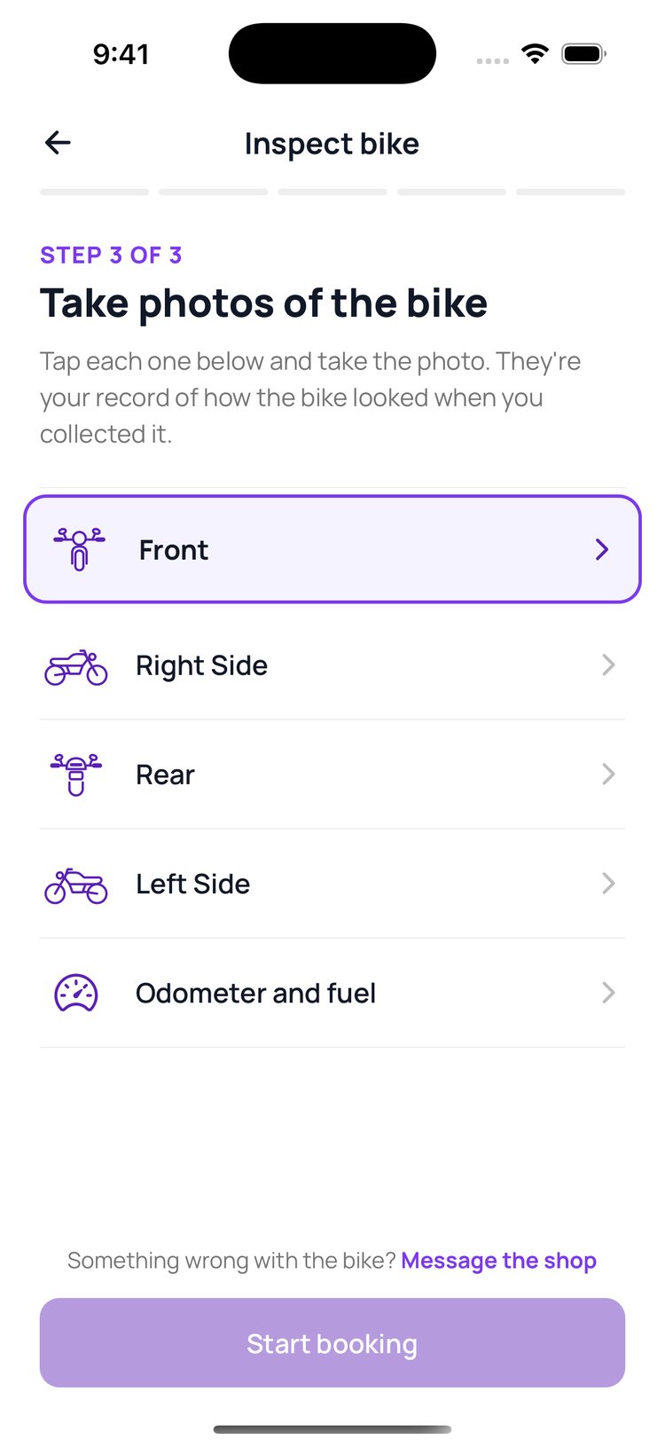 Step 7: They photograph each side of the bike and the odometer.