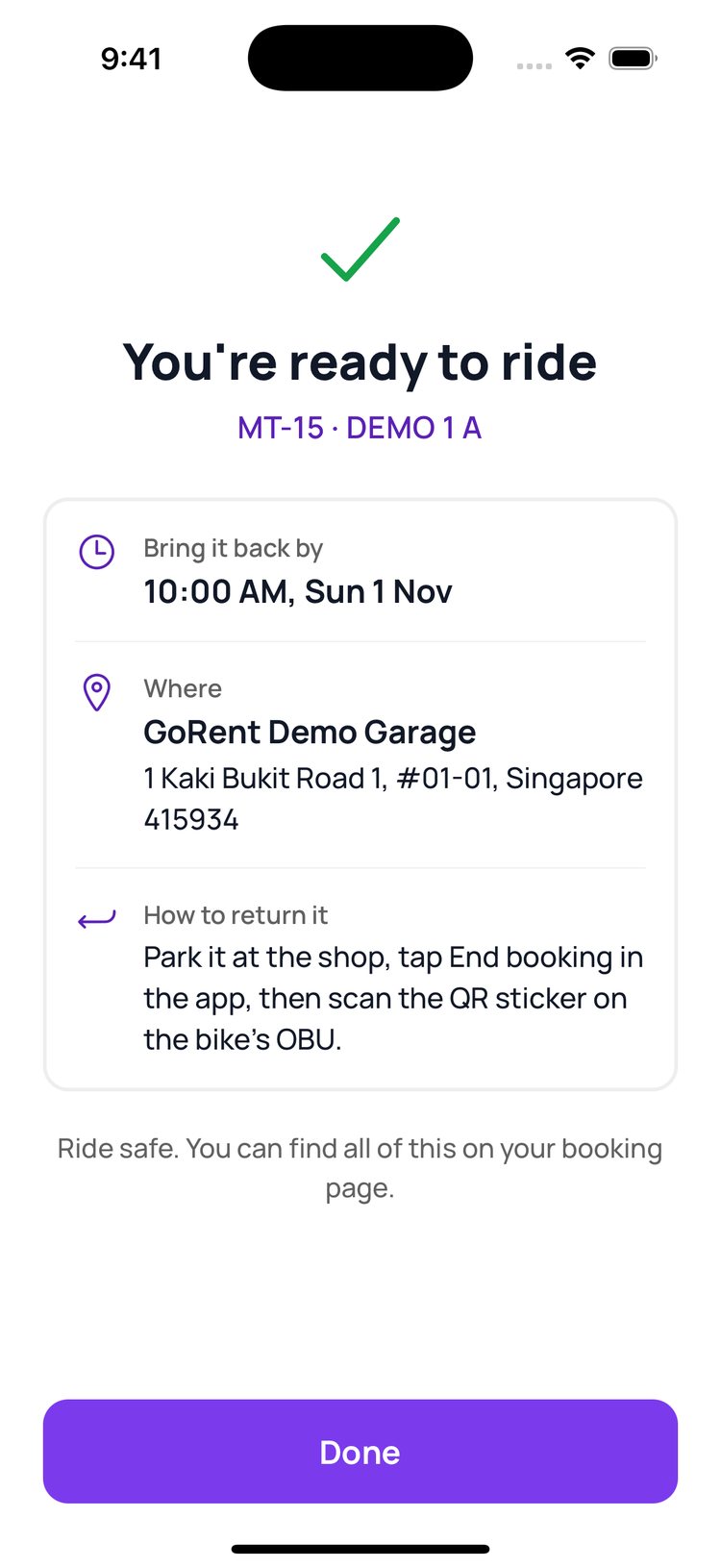 Step 8: Ready to ride. The app tells them when and how to bring it back.