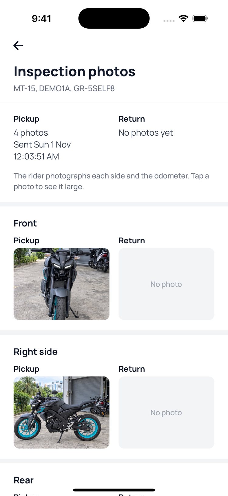 Step 4: ‘Inspection photos’ has the rider’s photos of the bike.