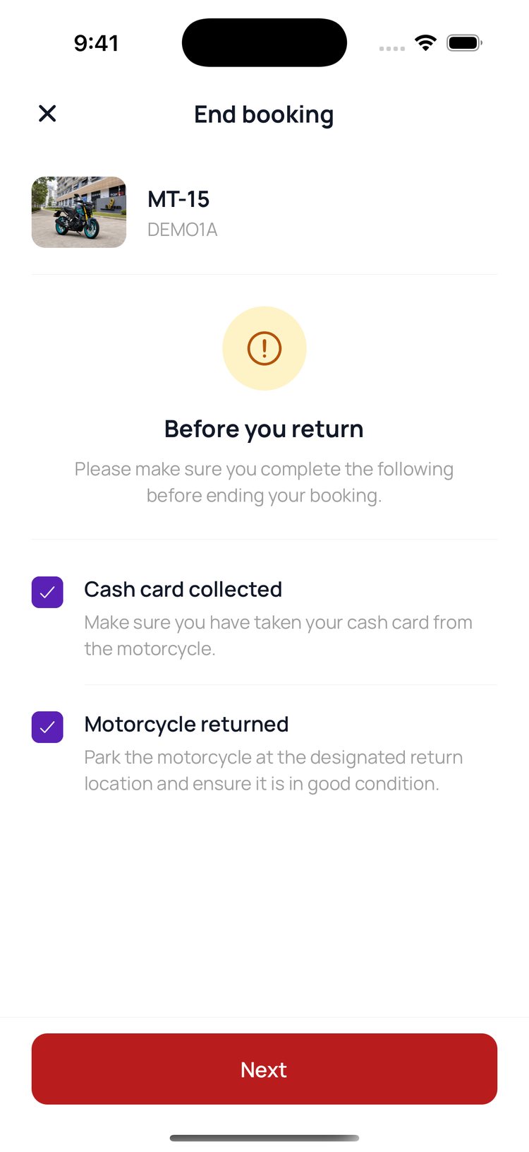 Step 2: They confirm they’ve taken their cash card and parked the bike, then tap ‘Next’.