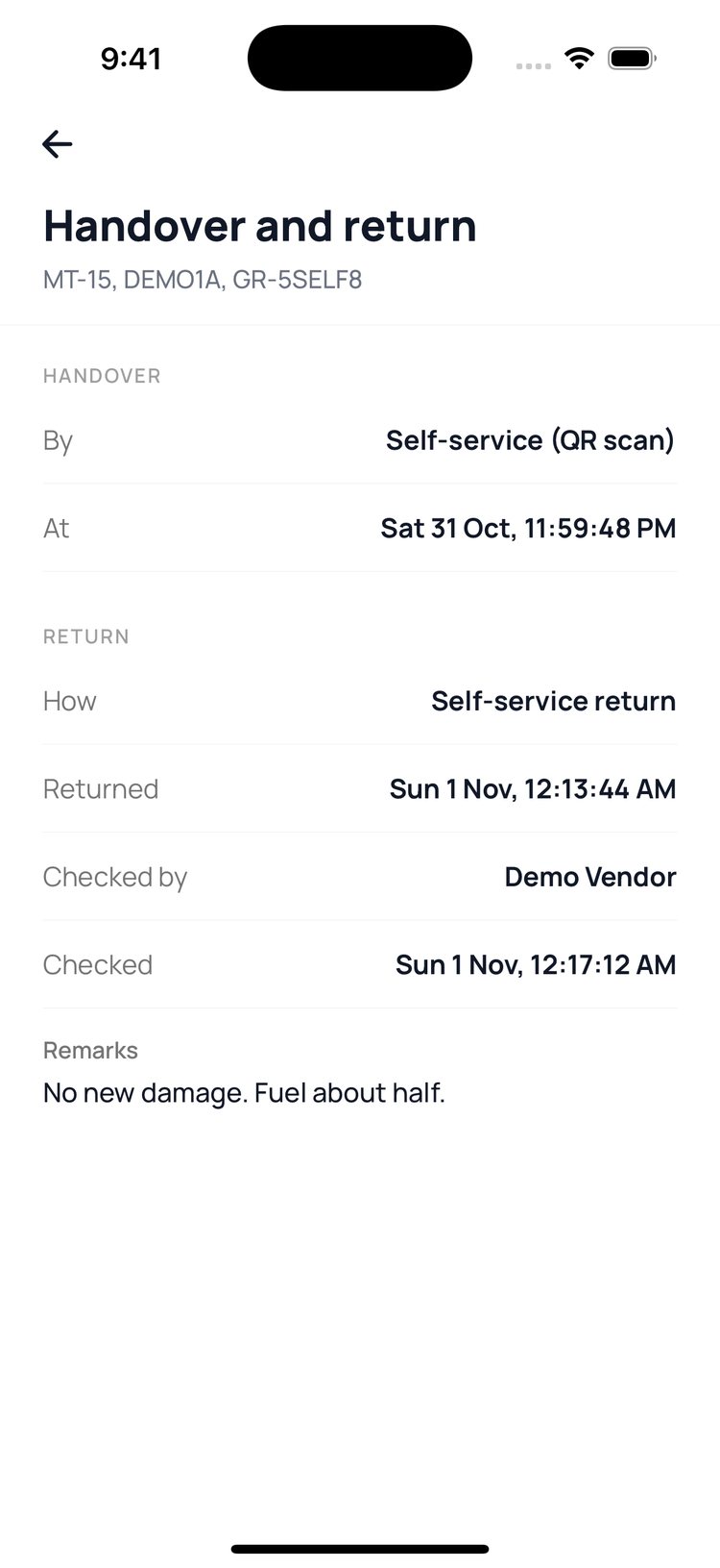 Step 6: Done. ‘Handover and return’ shows when it came back and who checked it.