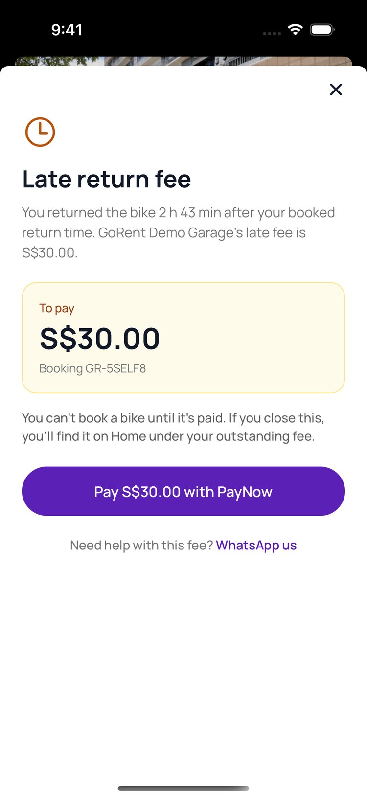 Step 6: Back late? The app shows your late fee, and they pay it by PayNow.