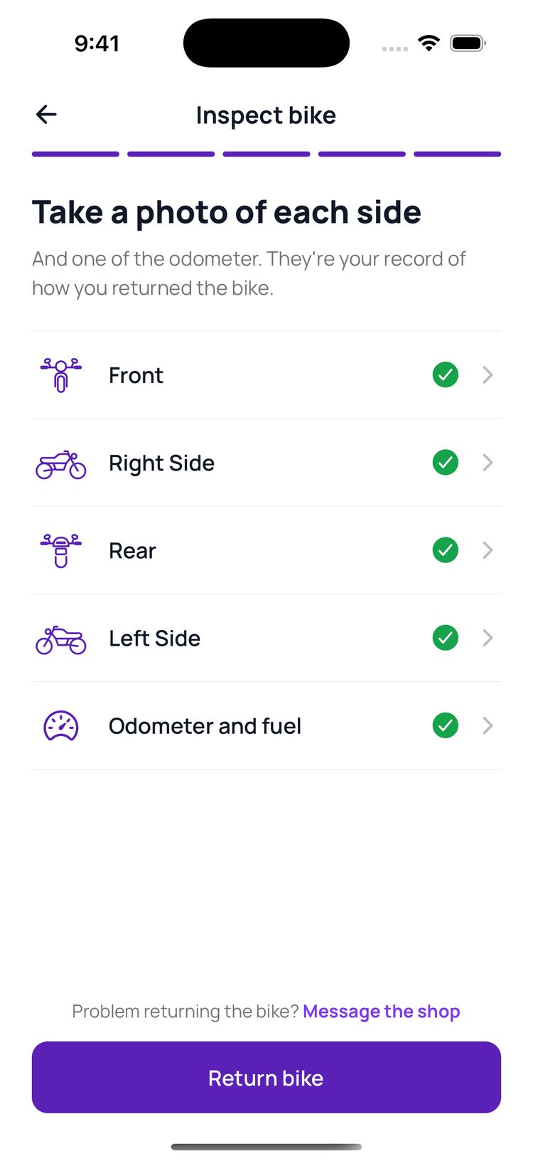 Step 5: They photograph the bike and the odometer, then tap ‘Return bike’.