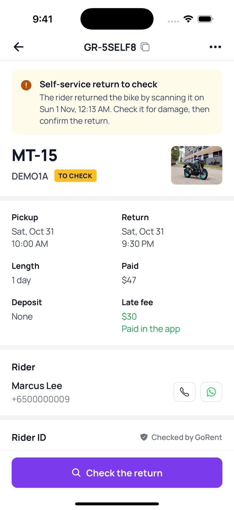 Step 4: Look the bike over, then tap ‘Check the return’. The late fee shows here too.